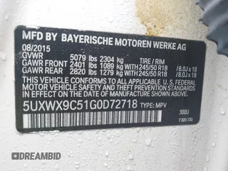 2016 BMW X3 xDrive28i with VIN 5UXWX9C51G0D72718, listed as a IAAI auction lot 41198262 with 117,841 mi miles and . Bid and sale history available at DreamBid. Image 9.