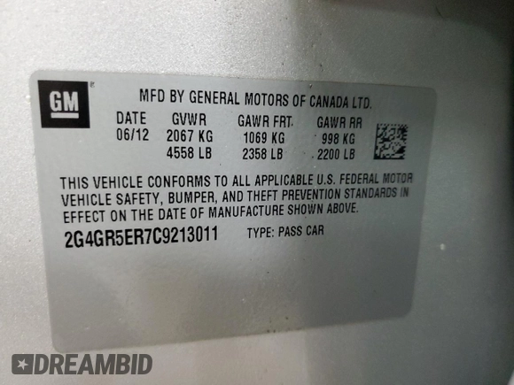 2012 Buick Regal with VIN 2G4GR5ER7C9213011, listed as a Copart auction lot 50378595 with 107,179 mi miles and Clean Title. Bid and sale history available at carsss.com. Image 13.