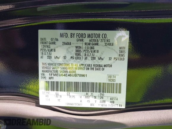 2006 Ford Explorer Eddie Bauer with VIN 1FMEU64E46UB70961, listed as a IAAI auction lot 42714651 with 47,758 mi miles and . Bid and sale history available at DreamBid. Image 9.