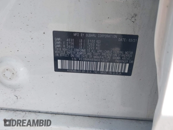 2021 Subaru Legacy Limited with VIN 4S3BWAN65M3018587, listed as a IAAI auction lot 42490846 with 37,865 mi miles and . Bid and sale history available at DreamBid. Image 9.
