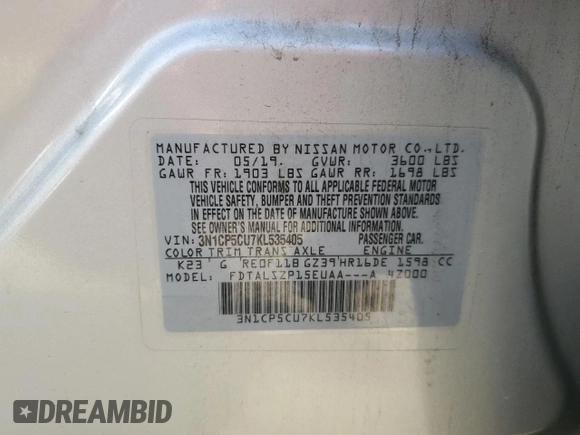 2019 Nissan Kicks SV with VIN 3N1CP5CU7KL535405, listed as a Copart auction lot 45935695 with 96,681 mi miles and Salvage Title. Bid and sale history available at DreamBid. Image 16.