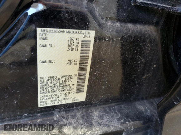 2020 Nissan Altima 2.5 SL with VIN 1N4BL4EV9LC150872, listed as a Copart auction lot 48186765 with 106,900 mi miles and Salvage Title. Bid and sale history available at carsss.com. Image 12.