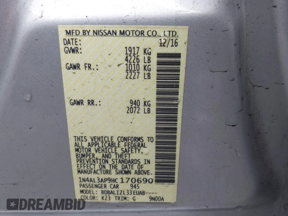 2017 Nissan Altima S z VIN 1N4AL3AP9HC170690, wystawiony jako IAAI lot #41491071 z przebiegiem 99 061 mil mil oraz . Historia ofert i sprzedaży dostępna na DreamBid. Obrazek 9.