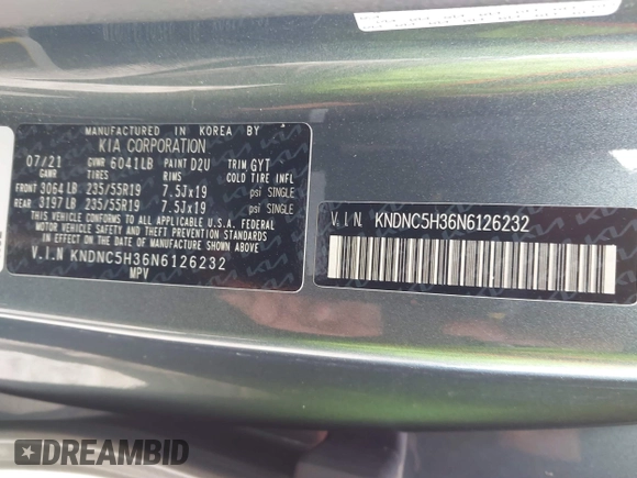 2022 Kia Carnival EX with VIN KNDNC5H36N6126232, listed as a IAAI auction lot 41683084 with 74,786 mi miles. Bid and sale history available at carsss.com. Image 9.