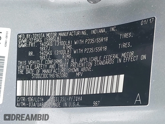 2017 Toyota Sienna XLE with VIN 5TDDZ3DC1HS162080, listed as a IAAI auction lot 41424523 with 92,288 mi miles and . Bid and sale history available at carsss.com. Image 9.
