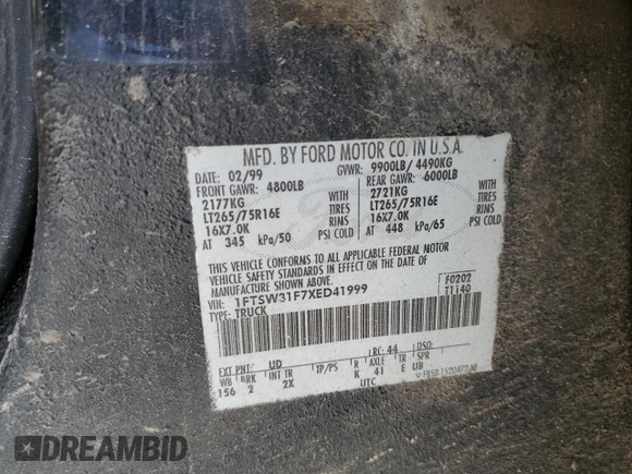 1999 Ford F-350 XL с VIN 1FTSW31F7XED41999, выставлен на аукционе Copart как лот 64244505 с пробегом 286 209 миль миль и Списание • Salvage title. История ставок и продаж доступна на DreamBid. Изображение 12.