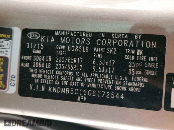 2016 Kia Sedona LX with VIN KNDMB5C13G6172544, listed as a Copart auction lot 47193565 with 101,044 mi miles and Salvage Title. Bid and sale history available at carsss.com. Image 15.