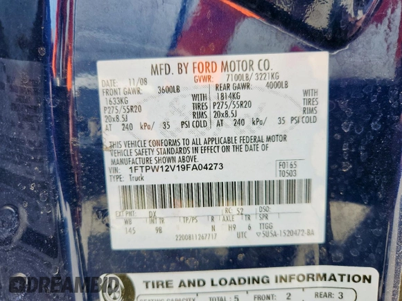 2009 Ford F-150 XL with VIN 1FTPW12V19FA04273, listed as a Copart auction lot 64961855 with Not provided miles and Salvage title. Bid and sale history available at DreamBid. Image 12.