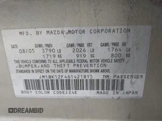 2006 Mazda 3 i with VIN JM1BK12F461421815, listed as a IAAI auction lot 41685316 with 191,746 mi miles and . Bid and sale history available at DreamBid. Image 9.