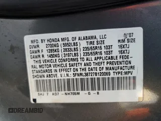 2007 Honda Odyssey EX-L with VIN 5FNRL38727B120069, listed as a Copart auction lot 89003625 with 234,863 mi miles and Salvage Title. Bid and sale history available at carsss.com. Image 13.