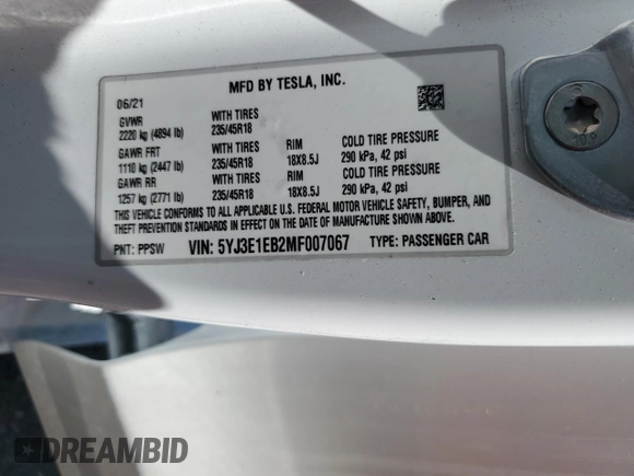 2021 Tesla Model 3 Long Range z VIN 5YJ3E1EB2MF007067, wystawiony jako Copart lot #52584715 z przebiegiem 31 311 mil mil oraz Szkoda całkowita • Salvage title. Historia ofert i sprzedaży dostępna na DreamBid. Obrazek 14.