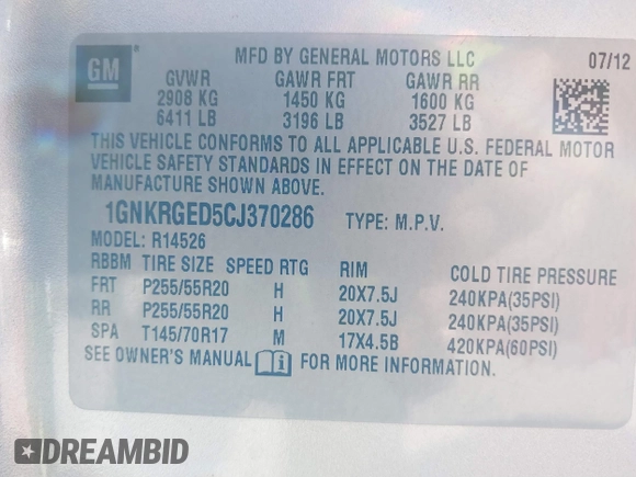 2012 Chevrolet Traverse 1LT with VIN 1GNKRGED5CJ370286, listed as a IAAI auction lot 40425141 with 125,280 mi miles and . Bid and sale history available at DreamBid. Image 9.
