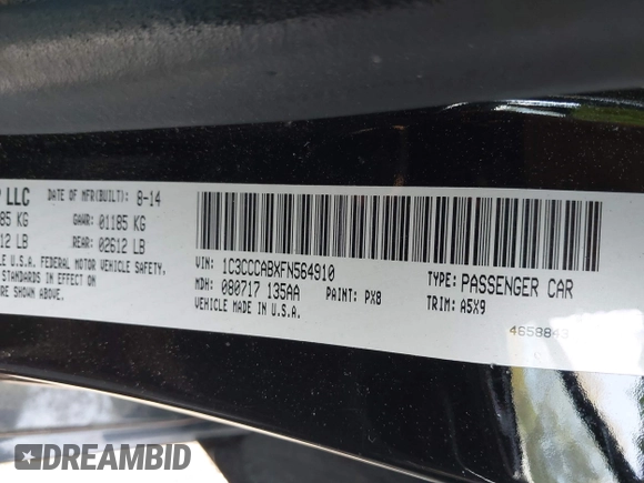 2015 Chrysler 200 Limited with VIN 1C3CCCABXFN564910, listed as a IAAI auction lot 41928479 with 171,857 mi miles. Bid and sale history available at carsss.com. Image 9.