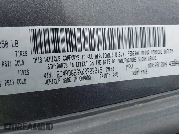 2019 Dodge Grand Caravan SE with VIN 2C4RDGBGXKR727315, listed as a IAAI auction lot 41770222 with 97,561 mi miles and . Bid and sale history available at DreamBid. Image 9.