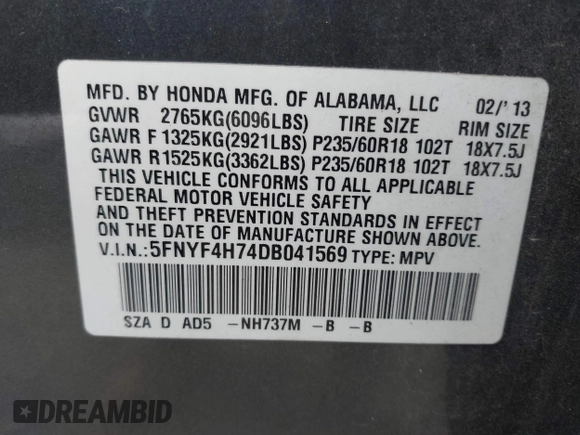 2013 Honda Pilot EX-L with VIN 5FNYF4H74DB041569, listed as a IAAI auction lot 41728937 with 223,355 mi miles and . Bid and sale history available at DreamBid. Image 9.
