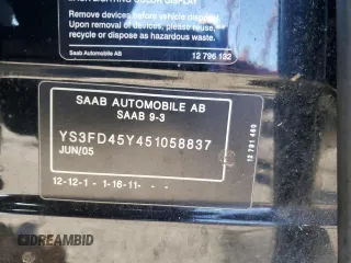 2005 Saab 9-3 z VIN YS3FD45Y451058837, wystawiony jako Copart lot #76827124 z przebiegiem 171 275 mil mil oraz Czysty tytuł • Clean title. Historia ofert i sprzedaży dostępna na DreamBid. Obrazek 12.