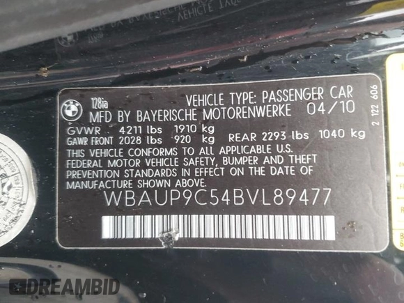 2011 BMW 1 Series 128i with VIN WBAUP9C54BVL89477, listed as a Copart auction lot 44921245 with 135,546 mi miles and Salvage title. Bid and sale history available at DreamBid. Image 12.