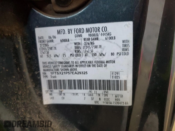 2007 Ford F-250 XL with VIN 1FTSX21P57EA29325, listed as a Copart auction lot 56351275 with 168,834 mi miles and Salvage title. Bid and sale history available at DreamBid. Image 12.