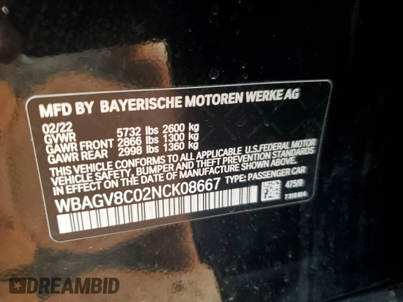 2022 BMW 8 Series M850i with VIN WBAGV8C02NCK08667, listed as a Copart auction lot 88255605 with 22,737 mi miles and Salvage title. Bid and sale history available at DreamBid. Image 12.