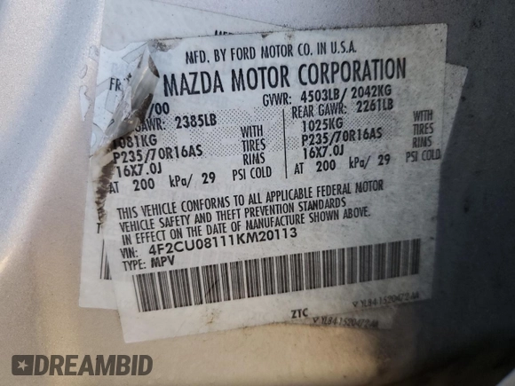 2001 Mazda Tribute LX with VIN 4F2CU08111KM20113, listed as a Copart auction lot 87681195 with 144,400 mi miles and Salvage Title. Bid and sale history available at DreamBid. Image 13.