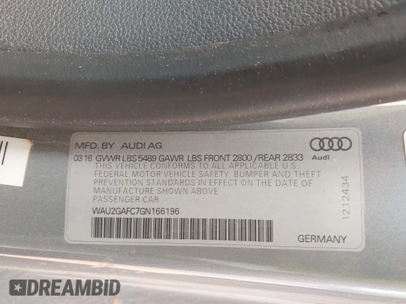 2016 Audi A7 Prestige with VIN WAU2GAFC7GN166196, listed as a IAAI auction lot 42078221 with Not provided miles and . Bid and sale history available at DreamBid. Image 9.