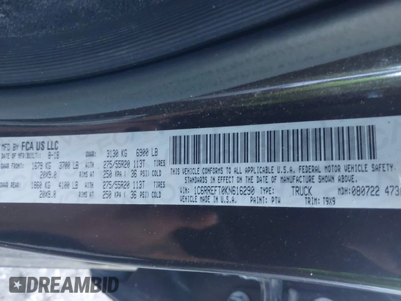 2019 Ram 1500 Big Horn z VIN 1C6RREFT0KN616290, wystawiony jako IAAI lot #42313195 z przebiegiem 143 900 mil mil oraz . Historia ofert i sprzedaży dostępna na DreamBid. Obrazek 9.