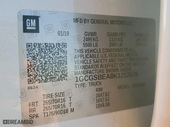 2019 Chevrolet Colorado 2WD Work Truck with VIN 1GCGSBEA8K1212678, listed as a Copart auction lot 82923394 with 81,697 mi miles and Salvage Title. Bid and sale history available at carsss.com. Image 14.