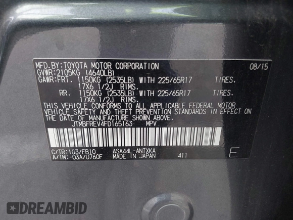 2015 Toyota RAV4 LE with VIN JTMBFREV4FD165163, listed as a IAAI auction lot 42638608 with 188,083 mi miles and . Bid and sale history available at DreamBid. Image 9.