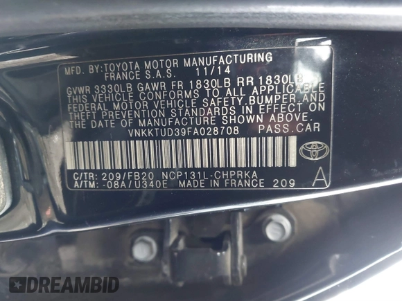 2015 Toyota Yaris L with VIN VNKKTUD39FA028708, listed as a IAAI auction lot 40978326 with 83,377 mi miles. Bid and sale history available at carsss.com. Image 9.