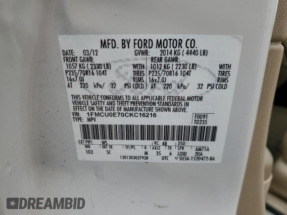 2012 Ford Escape Limited z VIN 1FMCU0E70CKC16216, wystawiony jako Copart lot #55411265 z przebiegiem 224 242 mil mil oraz Czysty tytuł • Clean title. Historia ofert i sprzedaży dostępna na DreamBid. Obrazek 13.