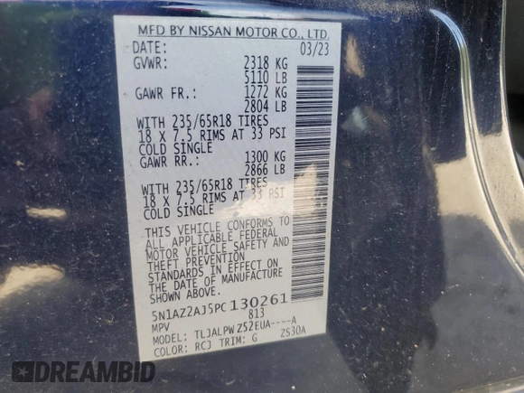 2023 Nissan Murano S with VIN 5N1AZ2AJ5PC130261, listed as a Copart auction lot 63344615 with 65,056 mi miles and Clean title. Bid and sale history available at DreamBid. Image 14.