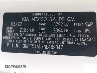 2022 Kia Forte GT-Line with VIN 3KPF54ADXNE489347, listed as a IAAI auction lot 41791921 with 36,301 mi miles and . Bid and sale history available at carsss.com. Image 9.