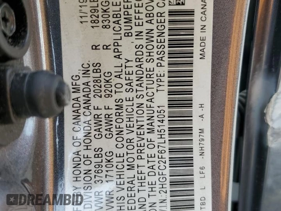2020 Honda Civic LX z VIN 2HGFC2F67LH514051, wystawiony jako Copart lot #58304235 z przebiegiem 60 765 mil mil oraz Szkoda całkowita • Salvage title. Historia ofert i sprzedaży dostępna na DreamBid. Obrazek 12.
