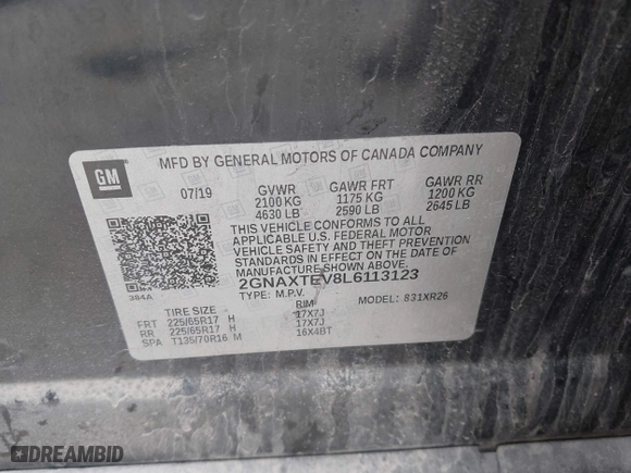 2020 Chevrolet Equinox LT with VIN 2GNAXTEV8L6113123, listed as a IAAI auction lot 42025819 with 77,042 mi miles. Bid and sale history available at carsss.com. Image 9.