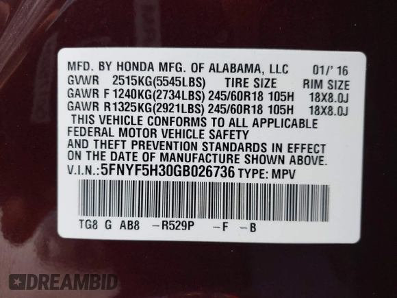 2016 Honda Pilot EX with VIN 5FNYF5H30GB026736, listed as a IAAI auction lot 41900082 with 144,460 mi miles. Bid and sale history available at carsss.com. Image 9.