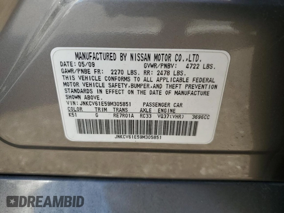 2009 Infiniti G37 Journey with VIN JNKCV61E59M305851, listed as a Copart auction lot 61929824 with Not Provided miles and Clean Title. Bid and sale history available at DreamBid. Image 12.