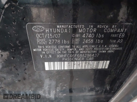2008 Hyundai Azera Limited with VIN KMHFC46F68A296437, listed as a IAAI auction lot 41227512 with 139,672 mi miles. Bid and sale history available at carsss.com. Image 9.