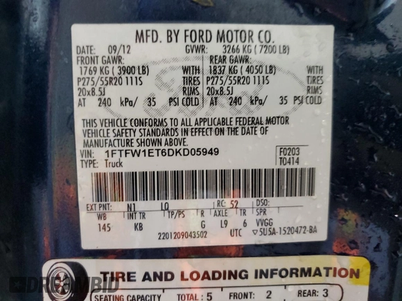 2013 Ford F-150 XL z VIN 1FTFW1ET6DKD05949, wystawiony jako Copart lot #73172364 z przebiegiem 214 214 mil mil oraz Czysty tytuł • Clean title. Historia ofert i sprzedaży dostępna na DreamBid. Obrazek 13.