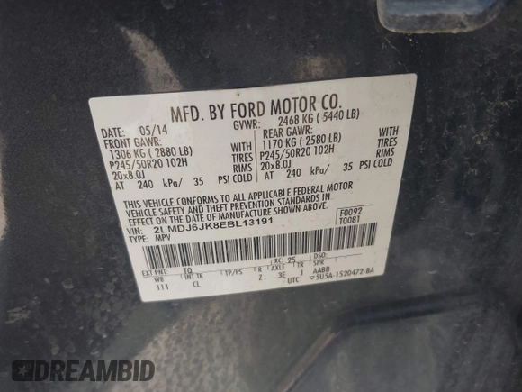 2014 Lincoln MKX with VIN 2LMDJ6JK8EBL13191, listed as a IAAI auction lot 42023811 with 212,793 mi miles. Bid and sale history available at carsss.com. Image 9.