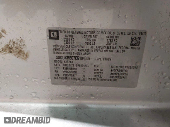 2014 Chevrolet Silverado 1500 LT with VIN 3GCUKREC7EG194659, listed as a IAAI auction lot 41547275 with 161,046 mi miles and . Bid and sale history available at DreamBid. Image 9.