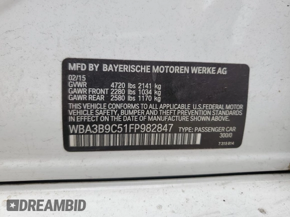 2015 BMW 3 Series 335i xDrive with VIN WBA3B9C51FP982847, listed as a Copart auction lot 63790055 with 141,778 mi miles and Salvage title. Bid and sale history available at DreamBid. Image 12.