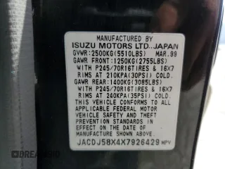 1999 Isuzu Trooper S z VIN JACDJ58X4X7926429, wystawiony jako Copart lot #72969694 z przebiegiem 160 843 mil mil oraz Szkody całkowita. Historia ofert i sprzedaży dostępna na DreamBid. Obrazek 13.