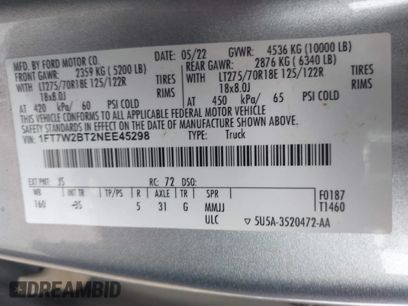 2022 Ford F-250 XL with VIN 1FT7W2BT2NEE45298, listed as a IAAI auction lot 41469889 with 60,306 mi miles and . Bid and sale history available at DreamBid. Image 8.