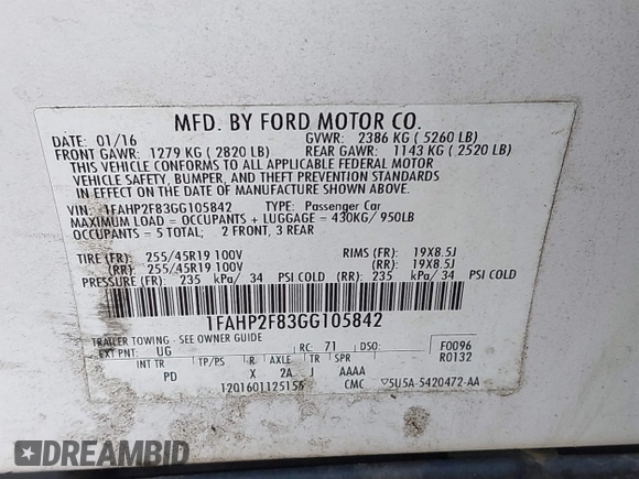 2016 Ford Taurus Limited with VIN 1FAHP2F83GG105842, listed as a IAAI auction lot 41377424 with 178,461 mi miles and . Bid and sale history available at DreamBid. Image 9.