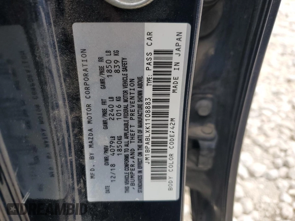 2019 Mazda 3 z VIN JM1BPABLXK1108883, wystawiony jako Copart lot #79814304 z przebiegiem Nie podano mil oraz Szkoda całkowita • Salvage title. Historia ofert i sprzedaży dostępna na DreamBid. Obrazek 13.