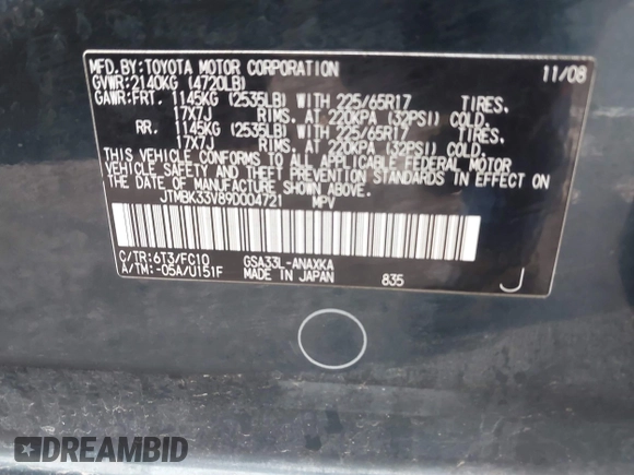 2009 Toyota RAV4 with VIN JTMBK33V89D004721, listed as a IAAI auction lot 41044764 with 204,161 mi miles. Bid and sale history available at carsss.com. Image 9.