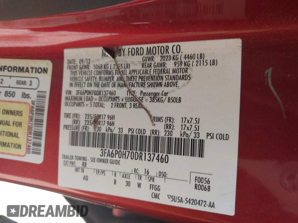2013 Ford Fusion SE with VIN 3FA6P0H70DR137460, listed as a IAAI auction lot 42558281 with Not provided miles and . Bid and sale history available at DreamBid. Image 9.