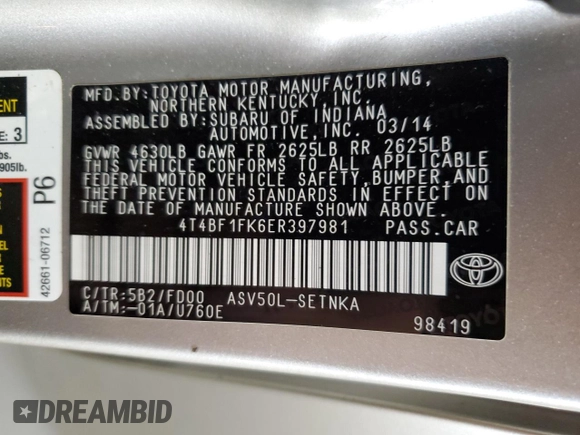 2014 Toyota Camry L with VIN 4T4BF1FK6ER397981, listed as a Copart auction lot 49607235 with 134,095 mi miles and Salvage Title. Bid and sale history available at DreamBid. Image 12.