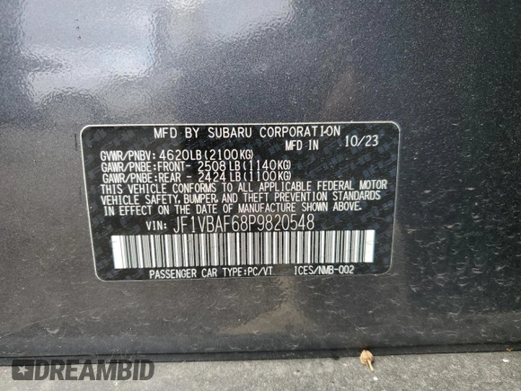 2023 Subaru WRX Premium with VIN JF1VBAF68P9820548, listed as a Copart auction lot 54542155 with 4,795 mi miles and Salvage title. Bid and sale history available at DreamBid. Image 12.