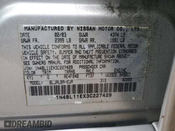 2003 Nissan Altima SE z VIN 1N4BL11EX3C227429, wystawiony jako Copart lot #56659075 z przebiegiem Nie podano mil oraz Szkoda całkowita • Salvage title. Historia ofert i sprzedaży dostępna na DreamBid. Obrazek 12.